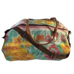 Will Leather Goods Kantha Stitched Yoga Duffle Leather Weaved Handles Bag